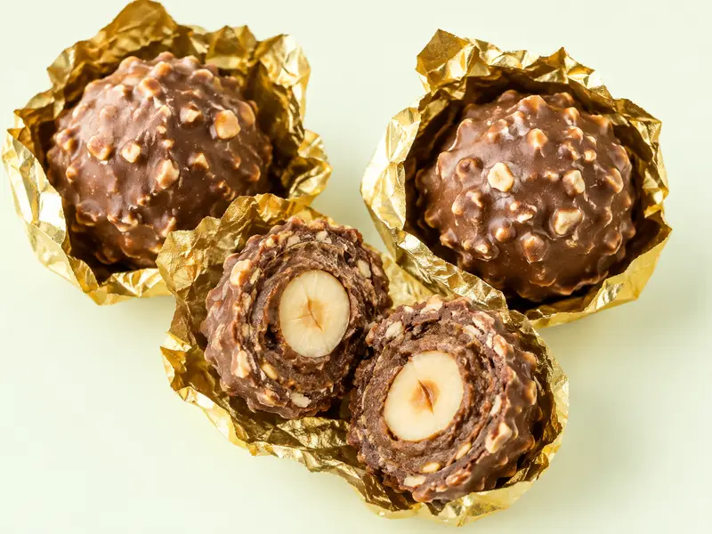 Bouchées chocolat-noisette dans leur papier doré, l'une coupée montrant la noisette entière, illustration du Ferrero Rocher