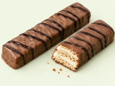 Deux barres de gaufrette enrobées de chocolat au lait rayé de chocolat noir, l'une coupée montrant la crème aux noisettes, illustration du Kinder Bueno