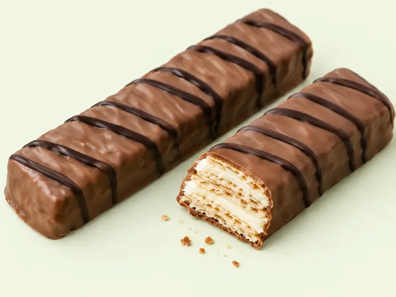 Deux barres de gaufrette enrobées de chocolat au lait rayé de chocolat noir, l'une coupée montrant la crème aux noisettes, illustration du Kinder Bueno