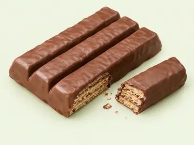Barre de quatre doigts de gaufrette au chocolat au lait, un doigt cassé montrant les couches de gaufrette, illustration du KitKat