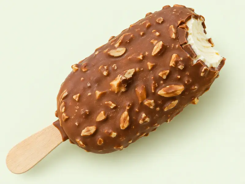 Glace vanille sur bâtonnet en bois enrobée de chocolat au lait et d'éclats d'amandes, croquée sur un coin, illustration du Magnum Amande