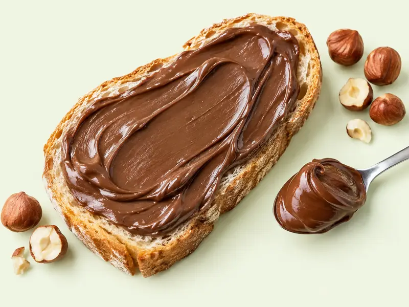 Tartine de pain recouverte de pâte à tartiner chocolat-noisette, avec une cuillère et des noisettes, illustration du Nutella
