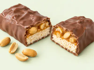 Barre chocolatée coupée en deux montrant le nougat, le caramel et les cacahuètes, illustration du Snickers