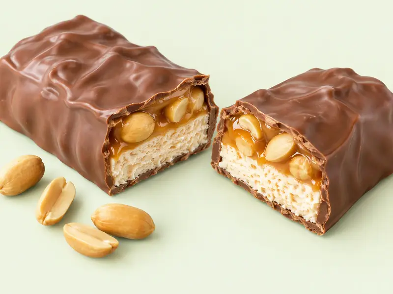 Barre chocolatée coupée en deux montrant le nougat, le caramel et les cacahuètes, illustration du Snickers