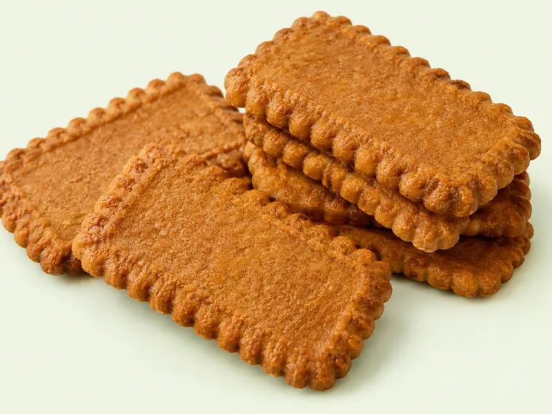 Biscuits speculoos rectangulaires dorés aux bords dentelés, empilés, illustration du Speculoos Lotus