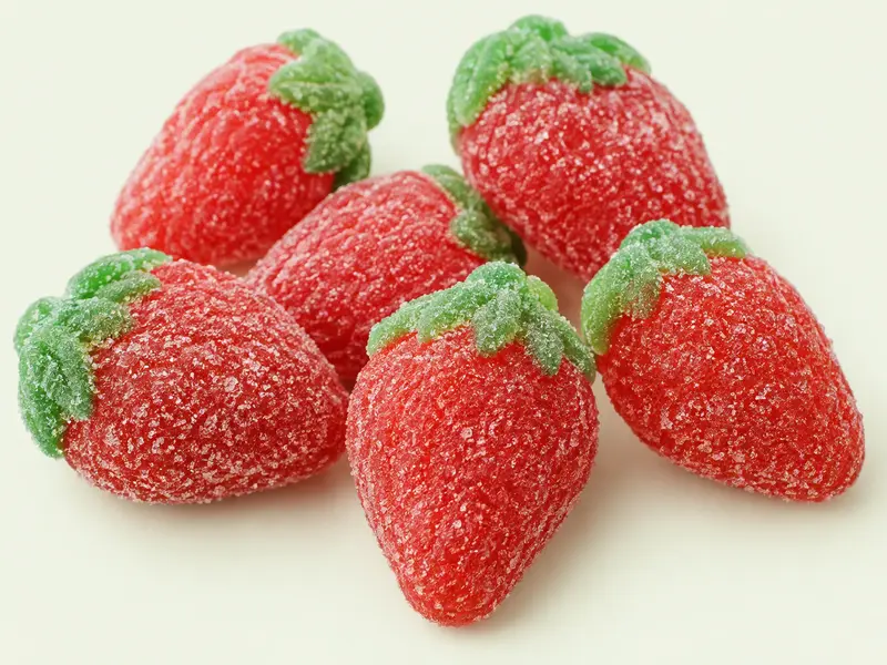Bonbons rouges en forme de fraise recouverts de sucre, illustration des Fraises Tagada